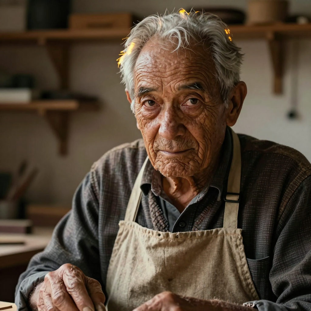 A close-up portrait of an elderly artisan