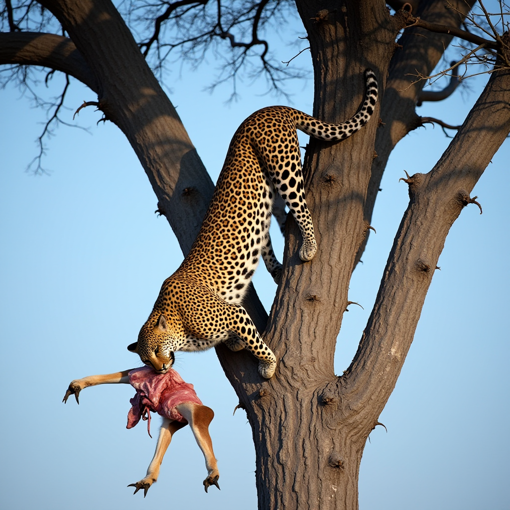Leopard Carrying Kill Up Tree