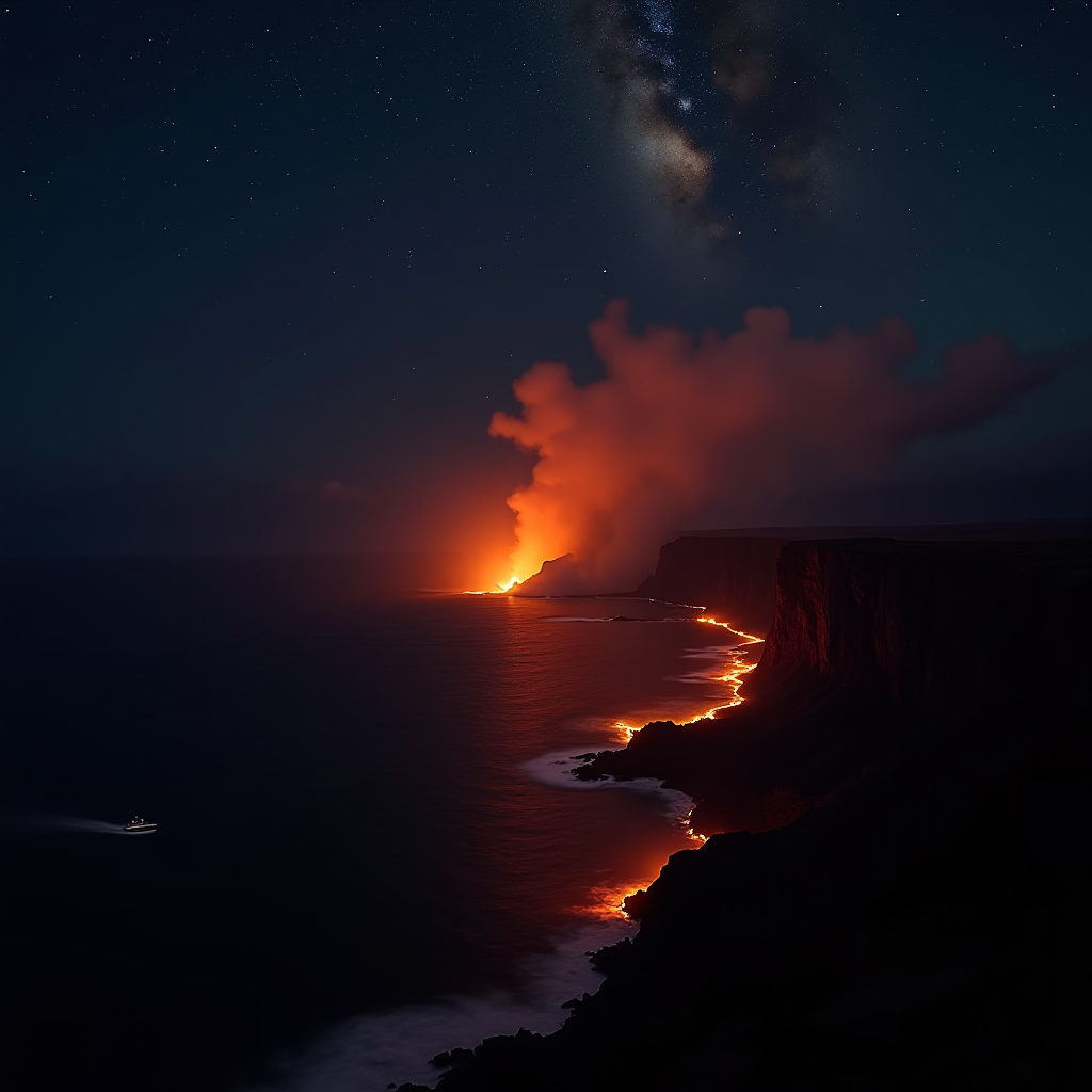 Volcanic Eruption at Night from the Sea