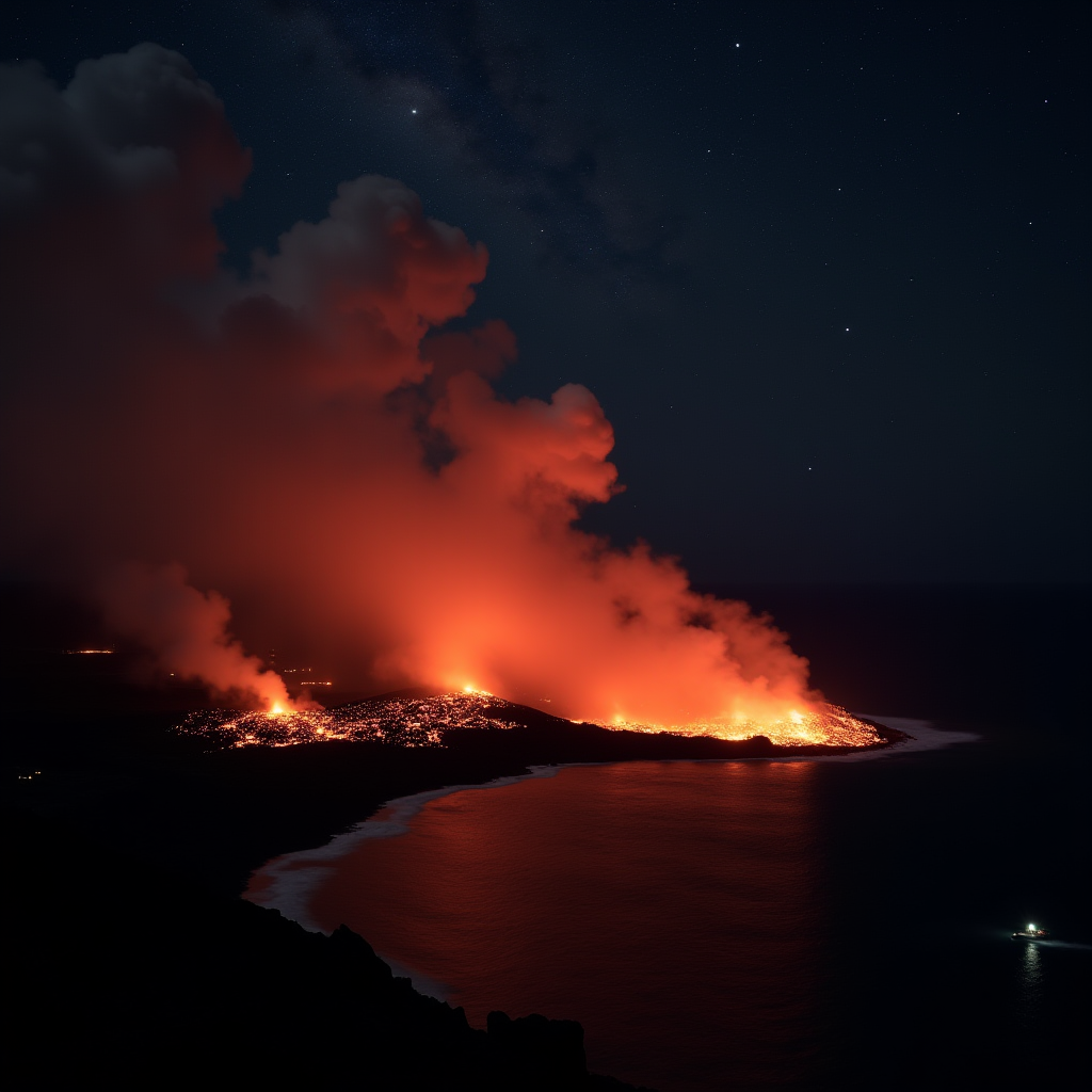 Volcanic Eruption at Night from the Sea