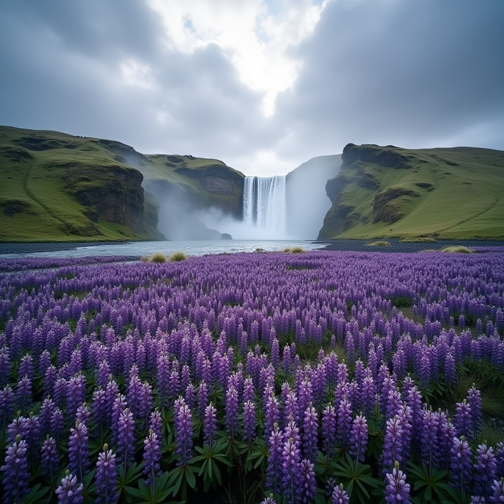 Iceland Lupine Fields with Waterfall