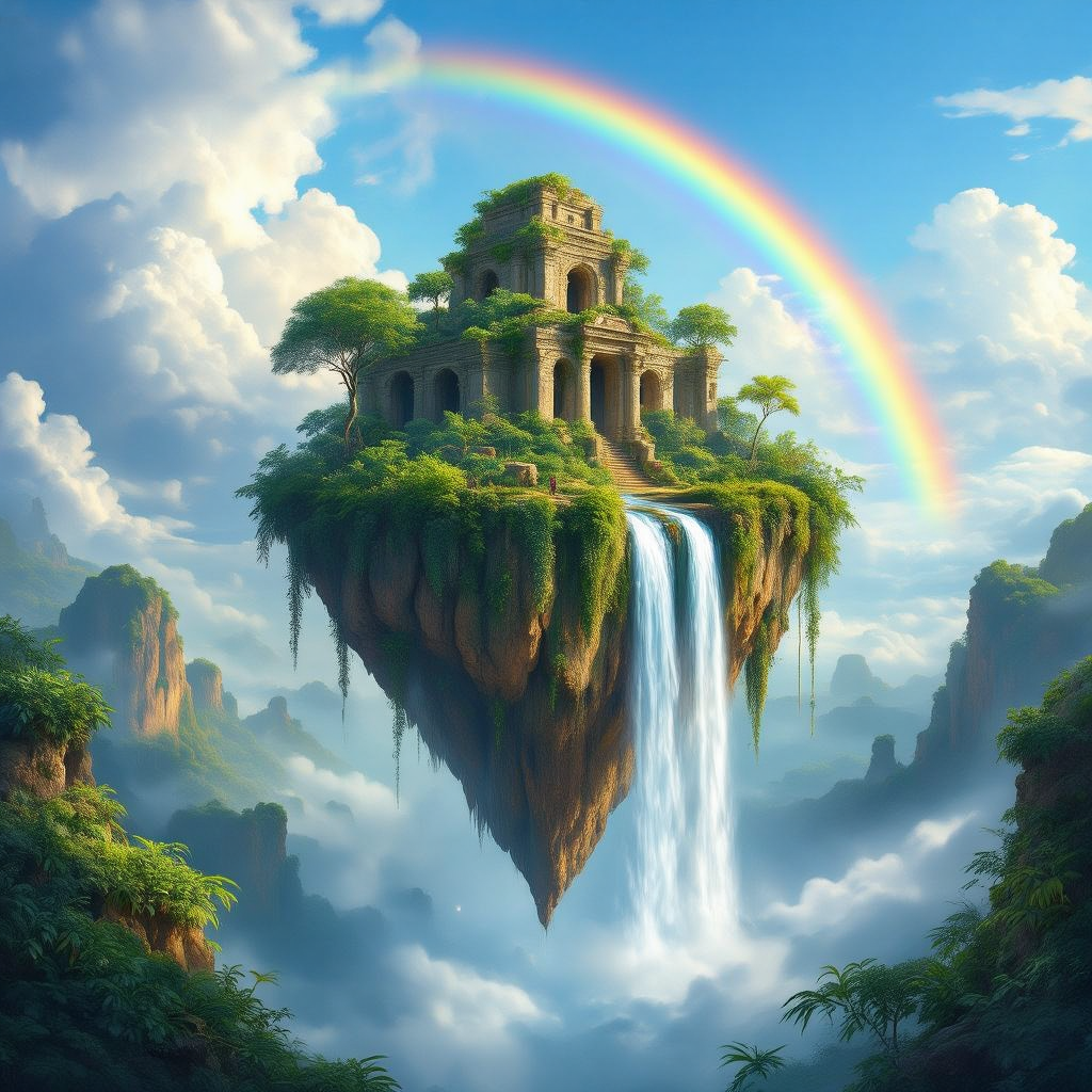 A surreal floating island with a waterfall cascading into the void, lush tropical vegetation, ancient stone ruins, and a bright rainbow arcing across the sky