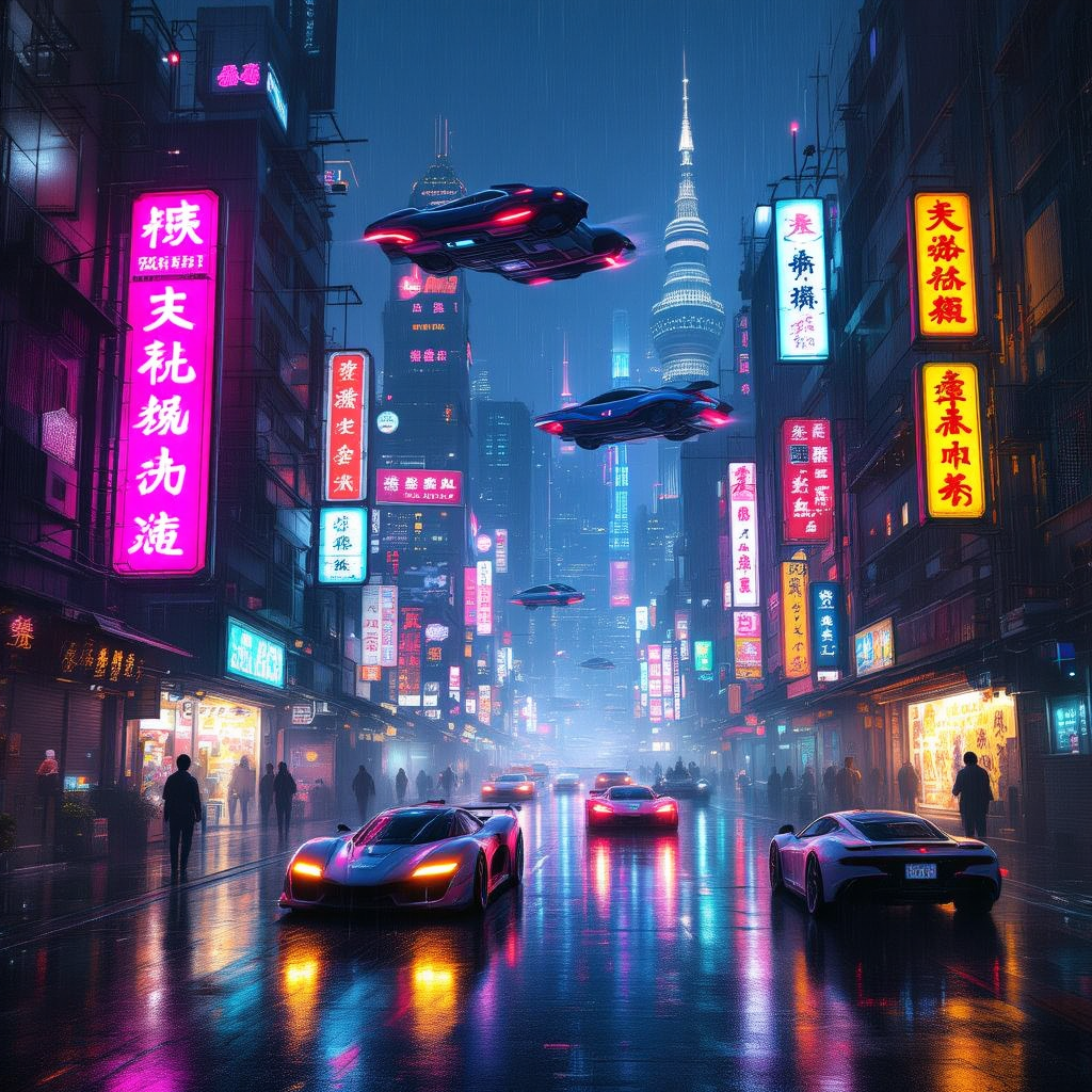 A futuristic cyberpunk cityscape at night, neon signs in Japanese and Chinese characters, flying car