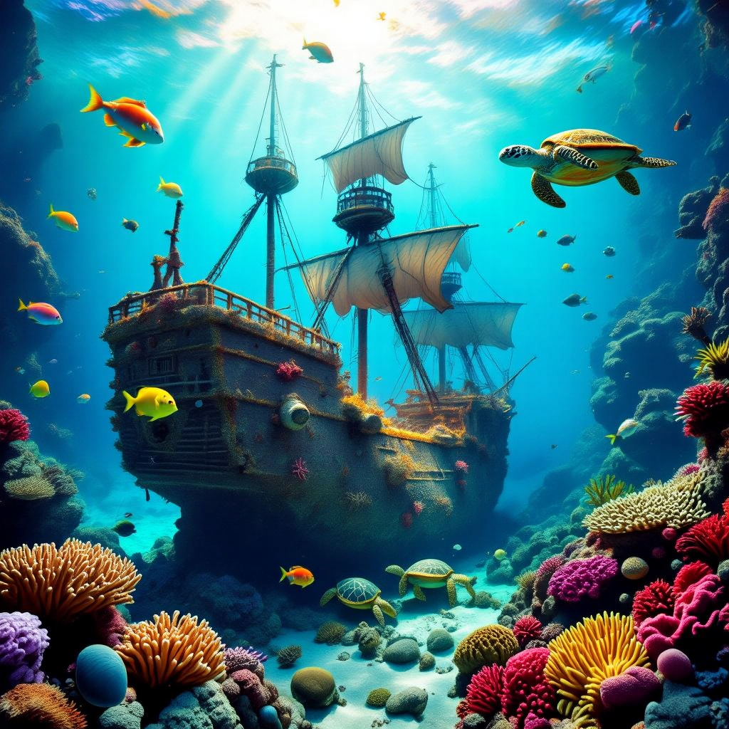 An underwater scene with a coral reef teeming with life, colorful fish, sea turtles, and a sunken pi