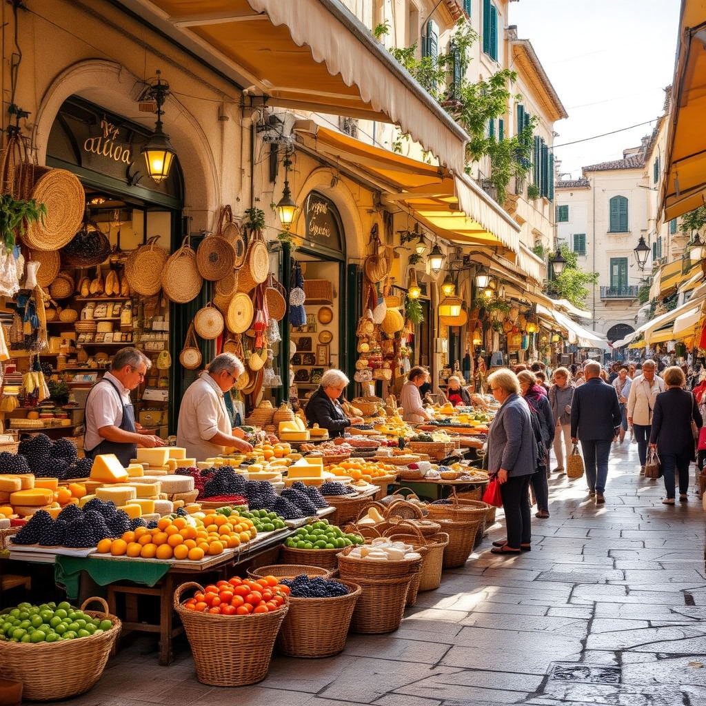 A bustling Mediterranean market square in the morning, with stalls selling fresh produce, olives, ch