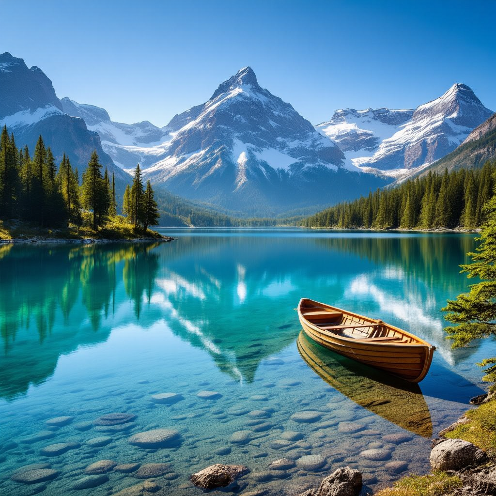 A majestic snow-capped mountain range reflected in a crystal-clear alpine lake, with pine trees alon