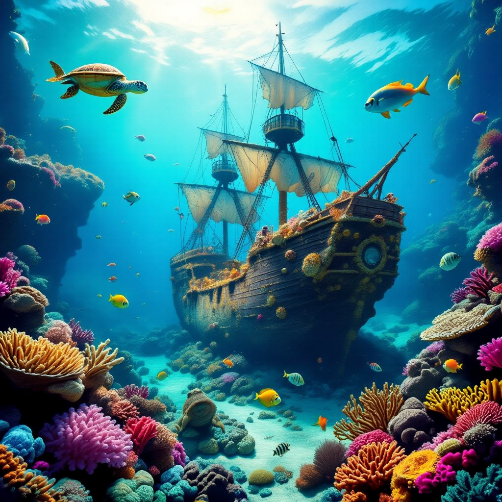 An underwater scene with a coral reef teeming with life, colorful fish, sea turtles, and a sunken pi