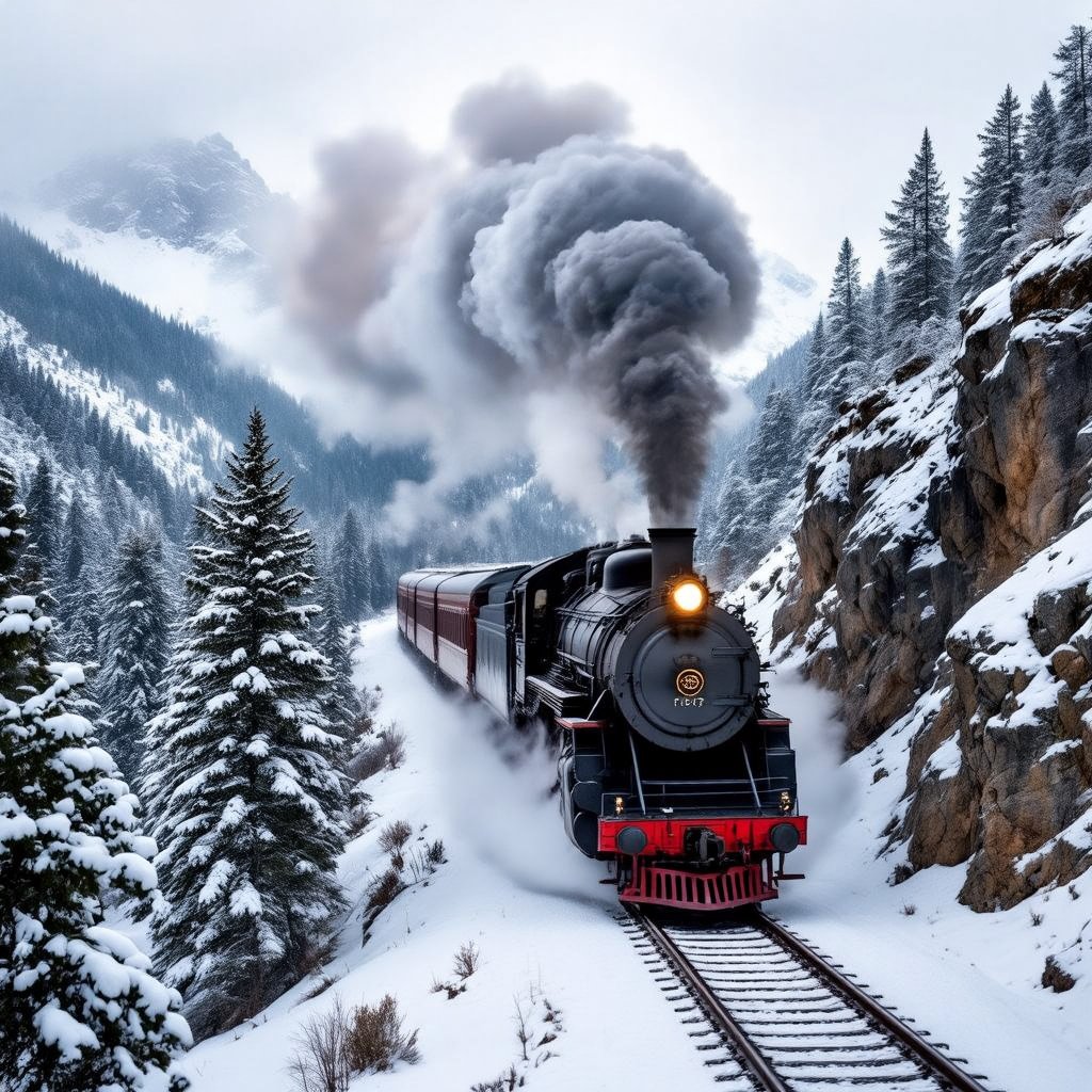 A vintage steam train traveling through a mountain pass in winter, plumes of smoke from the engine,
