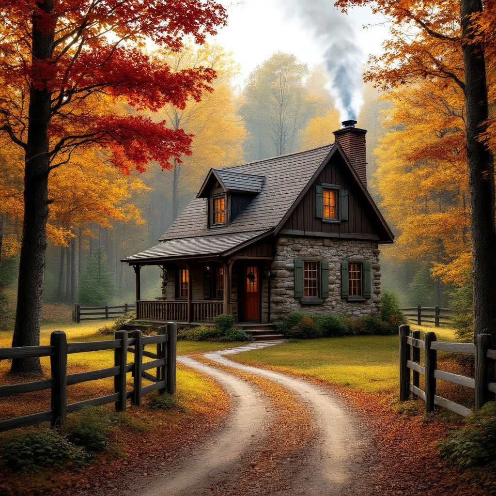 A cozy cottage in the woods during autumn, smoke rising from the chimney, surrounded by trees with g