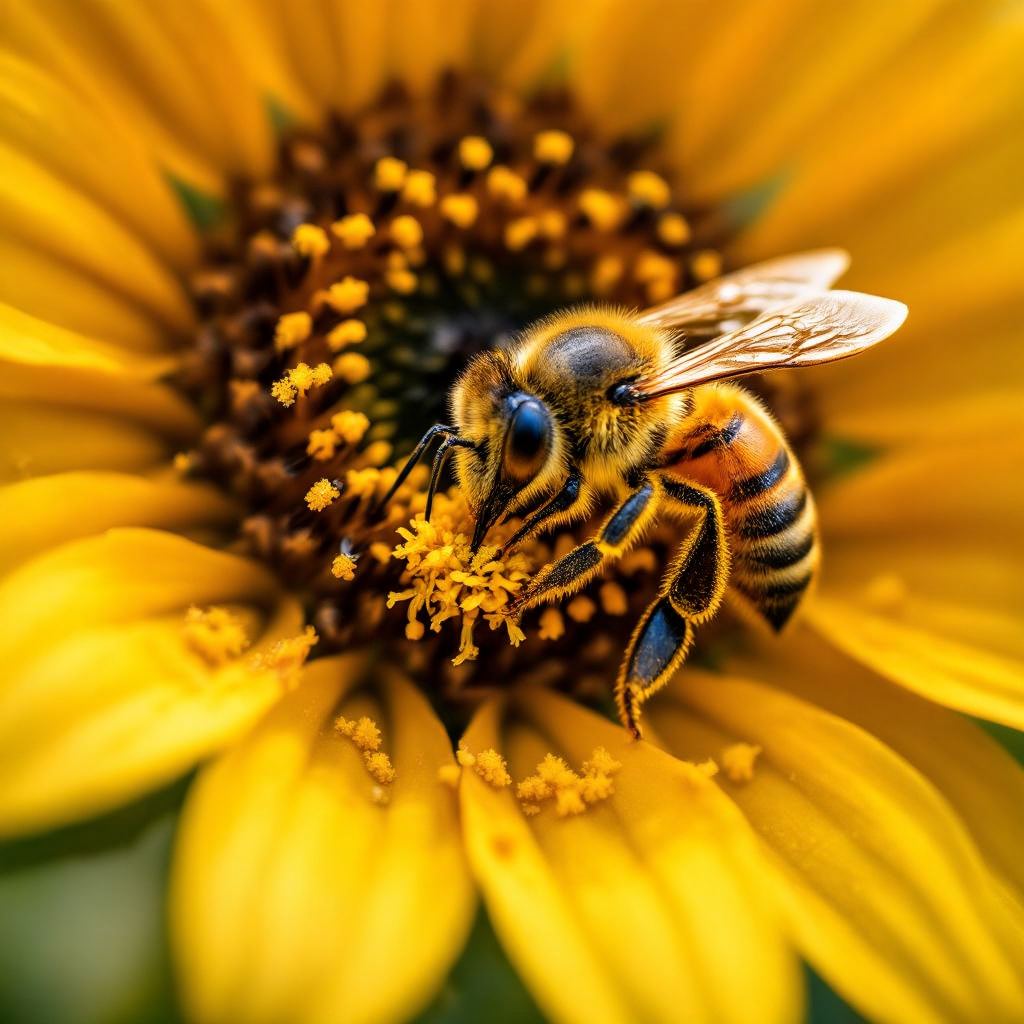 A close-up of a honeybee collecting pollen from a sunflower, detailed view of the bee's wings and le