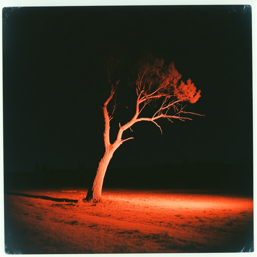 A lo-fi, grungy wide shot of a ragged large red tree leaning slightly to one side Polaroid aesthetic