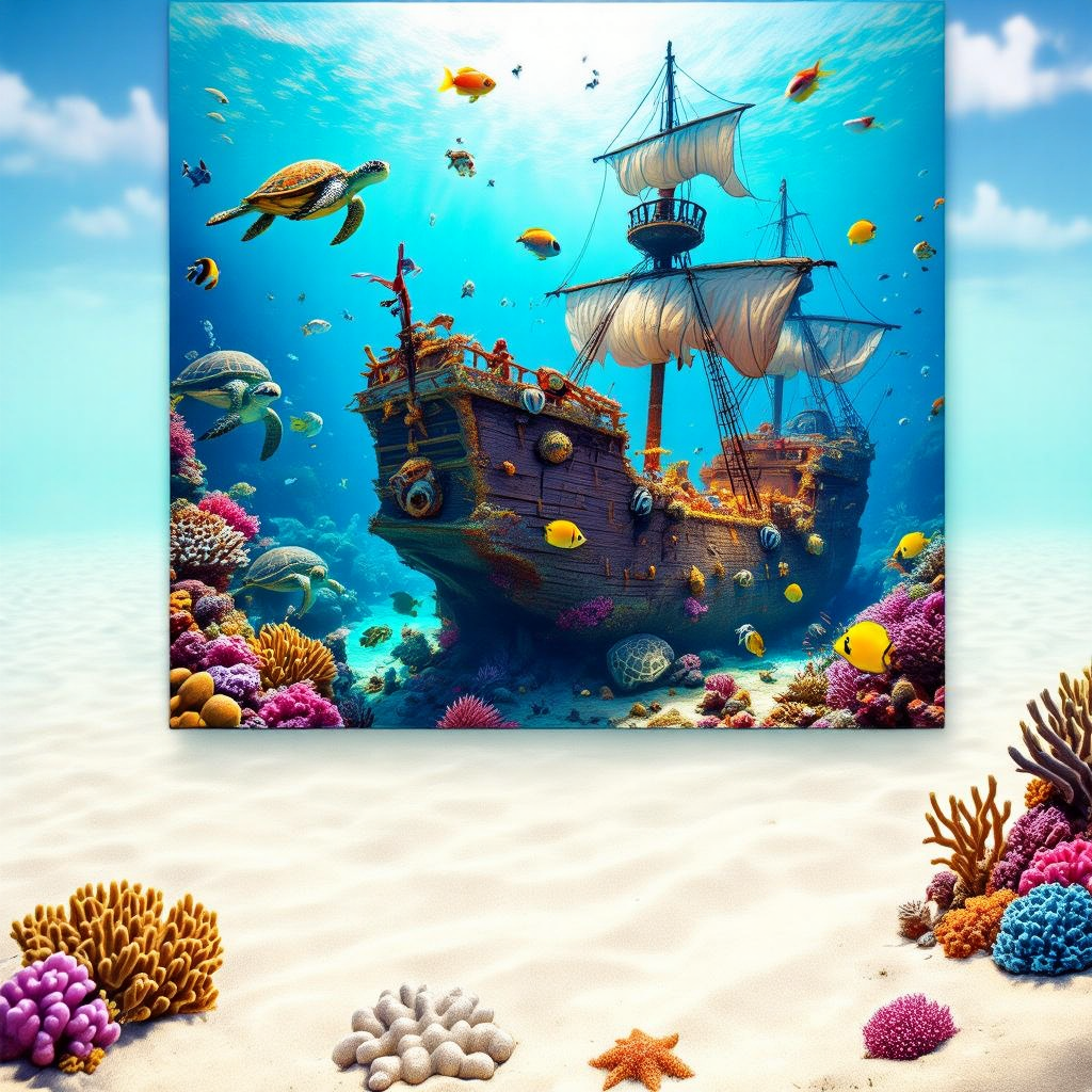 An underwater scene with a coral reef teeming with life, colorful fish, sea turtles, and a sunken pi