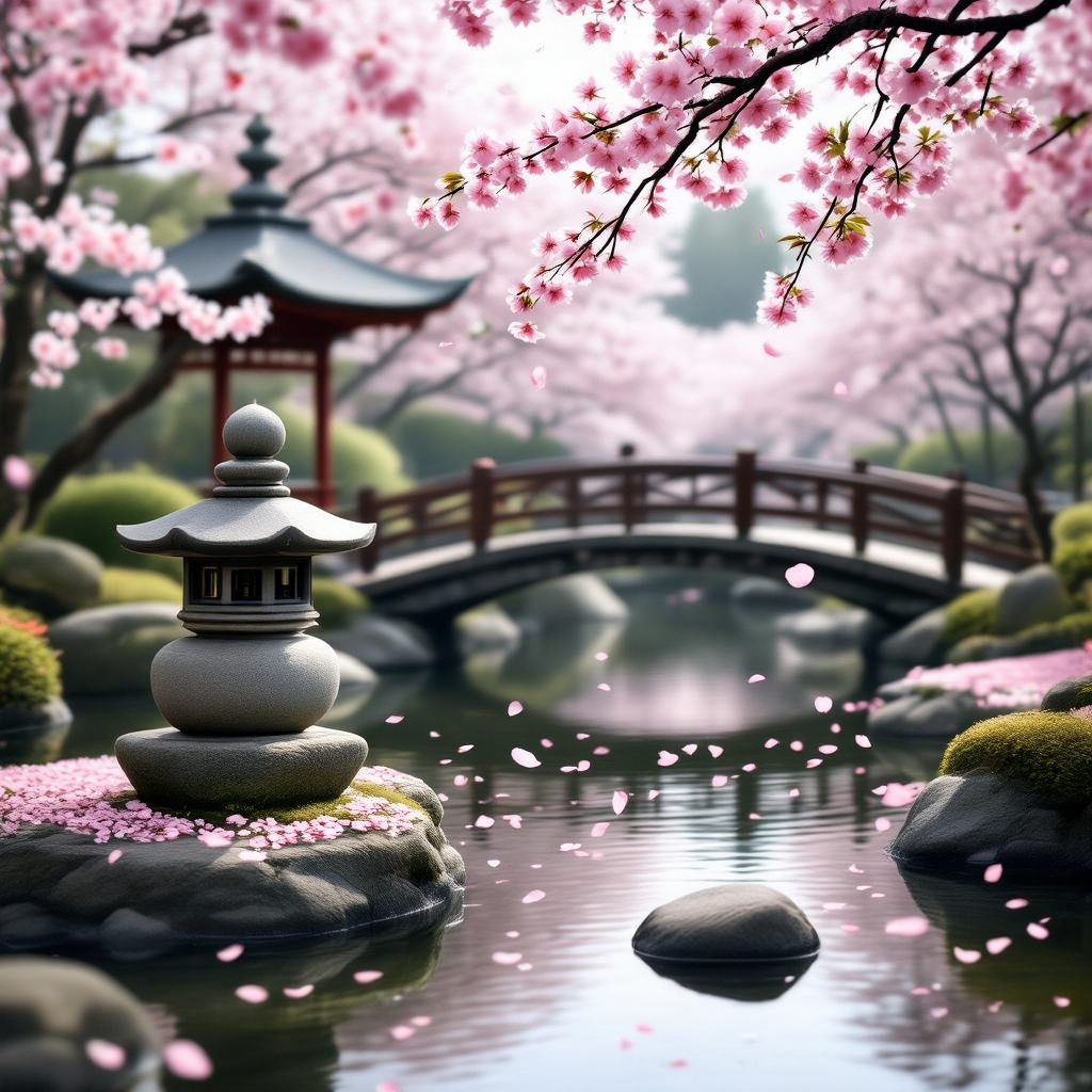A serene Japanese garden at cherry blossom time, with a koi pond, stone lantern, and traditional woo