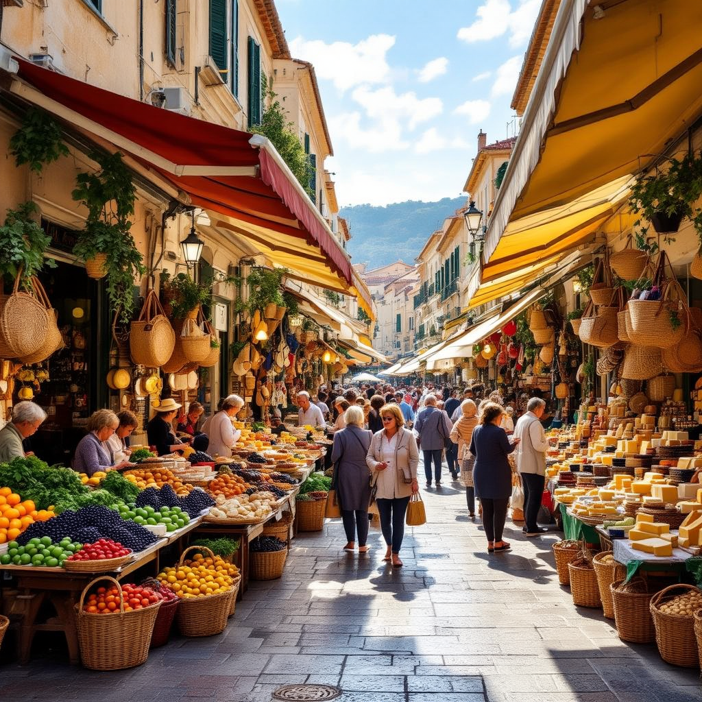 A bustling Mediterranean market square in the morning, with stalls selling fresh produce, olives, ch