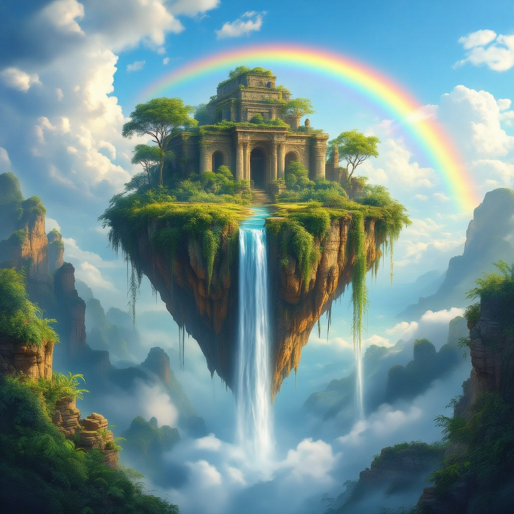 A surreal floating island with a waterfall cascading into the void, lush tropical vegetation, ancien
