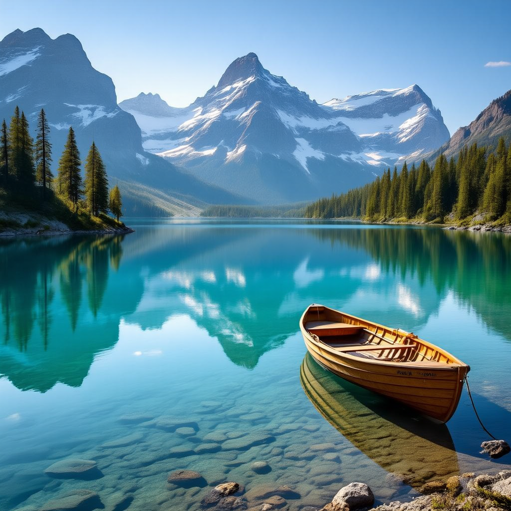 A majestic snow-capped mountain range reflected in a crystal-clear alpine lake, with pine trees alon