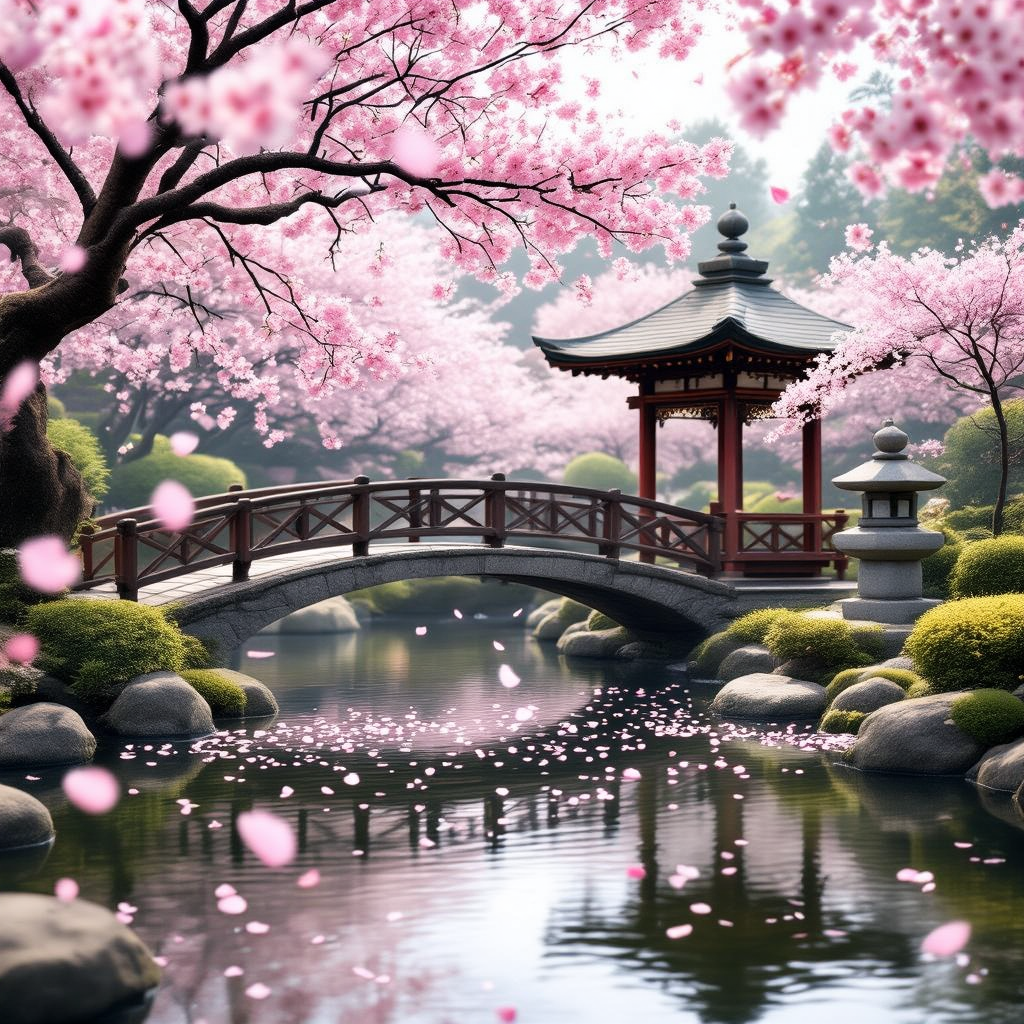 A serene Japanese garden at cherry blossom time, with a koi pond, stone lantern, and traditional woo