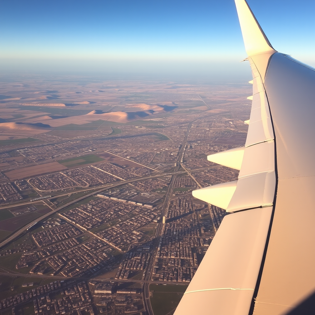 City from Airplane Window Descent