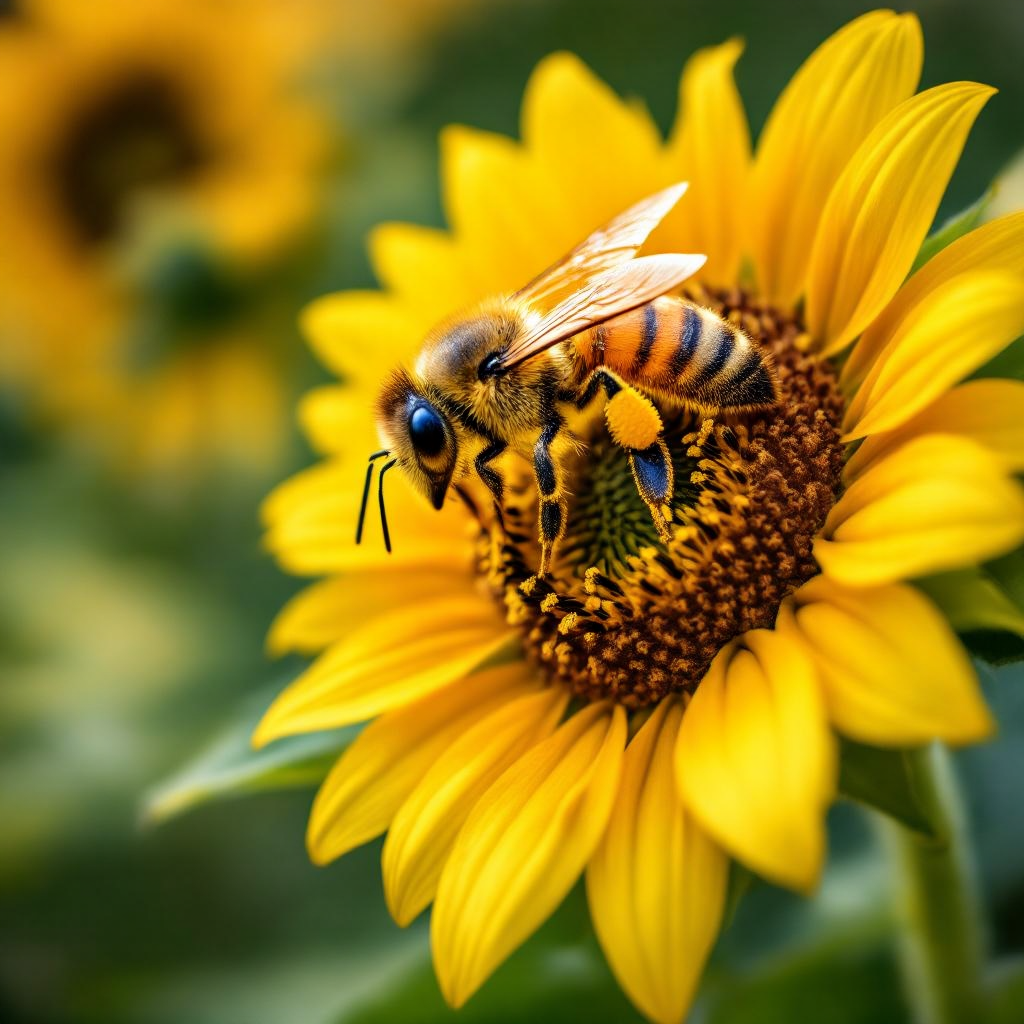 A close-up of a honeybee collecting pollen from a sunflower, detailed view of the bee's wings and le