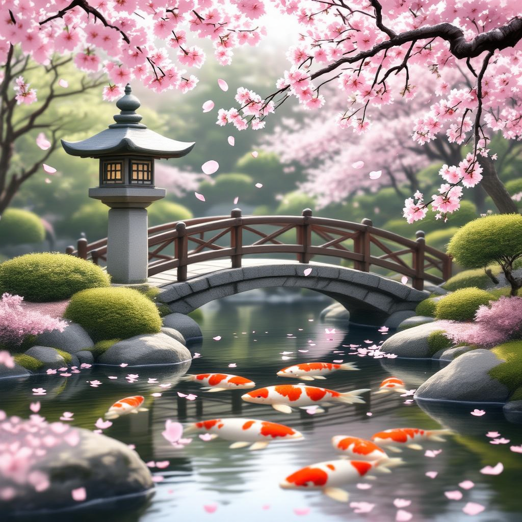 A serene Japanese garden at cherry blossom time, with a koi pond, stone lantern, and traditional woo