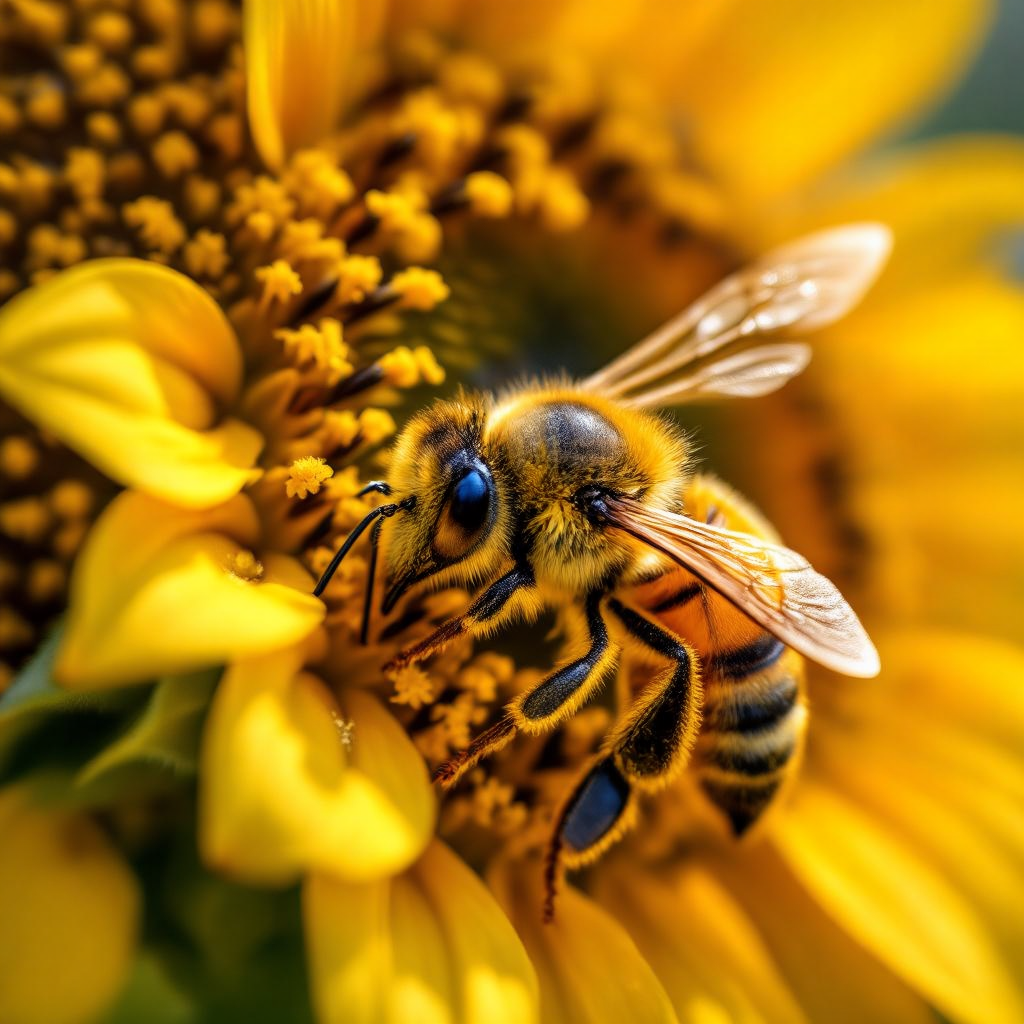 A close-up of a honeybee collecting pollen from a sunflower, detailed view of the bee's wings and le