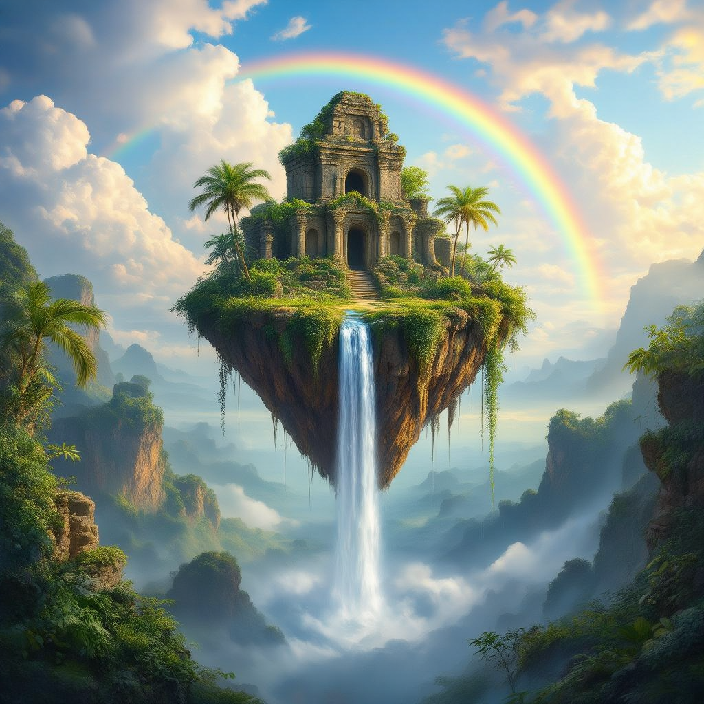A surreal floating island with a waterfall cascading into the void, lush tropical vegetation, ancien