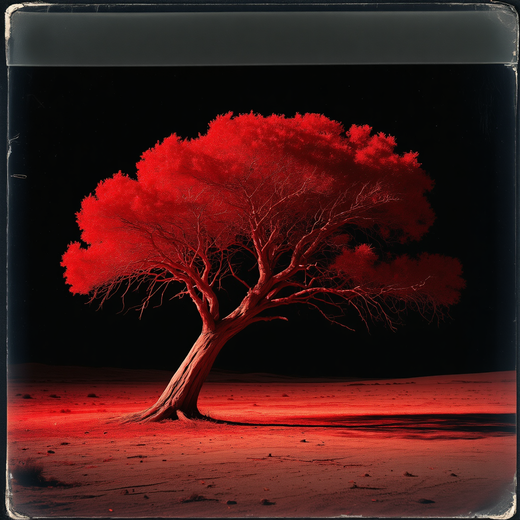 A lo-fi, grungy wide shot of a ragged large red tree leaning slightly to one side Polaroid aesthetic