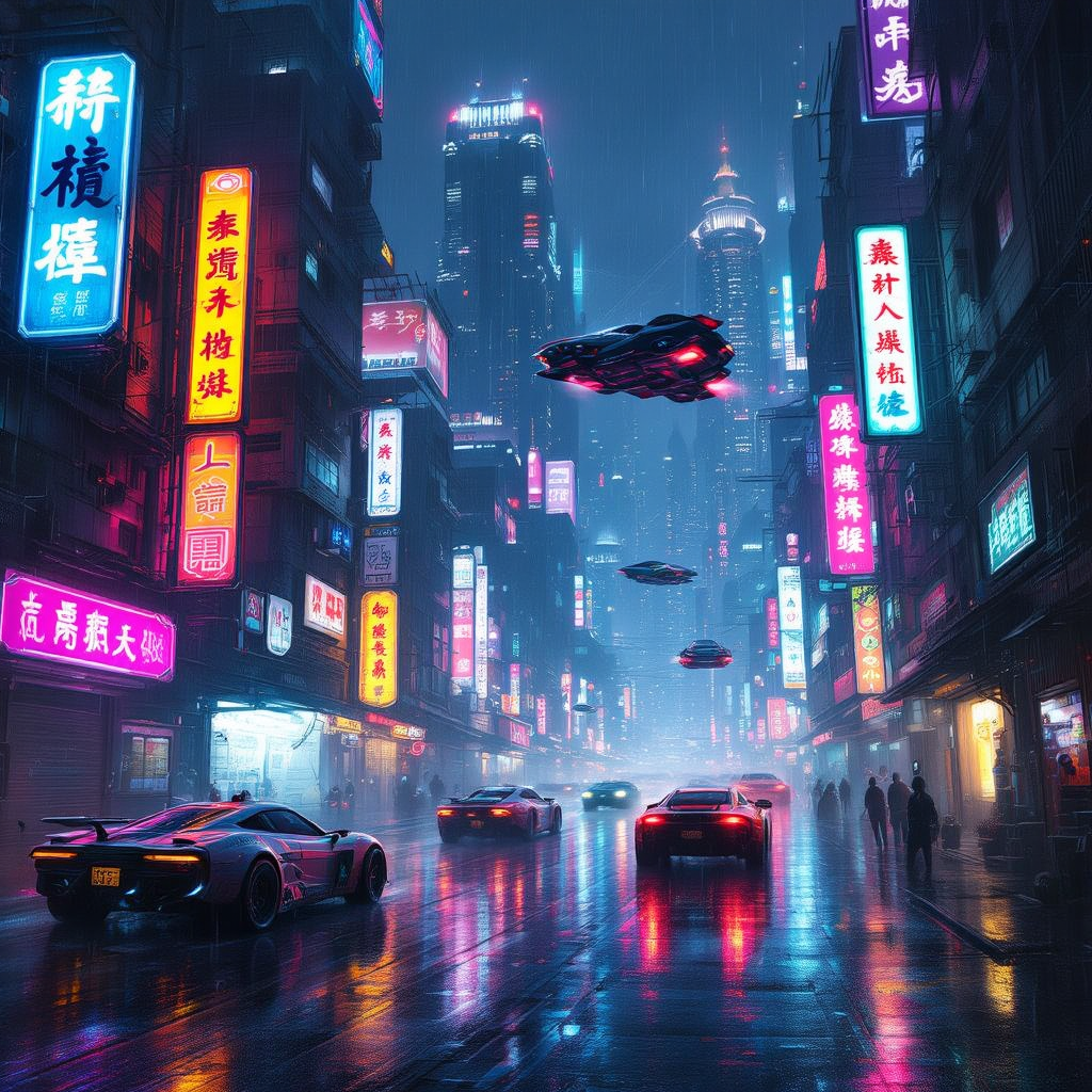 A futuristic cyberpunk cityscape at night, neon signs in Japanese and Chinese characters, flying car