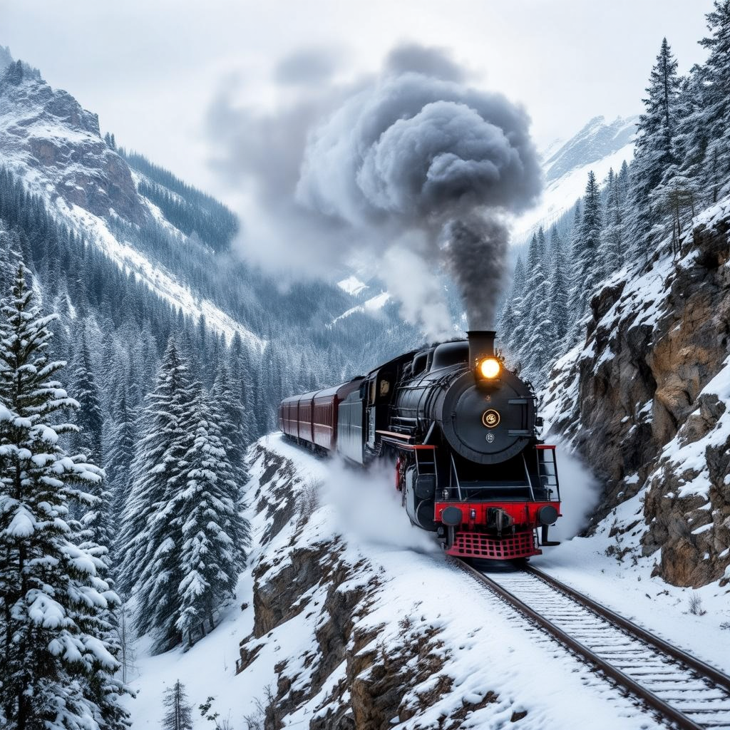 A vintage steam train traveling through a mountain pass in winter, plumes of smoke from the engine,