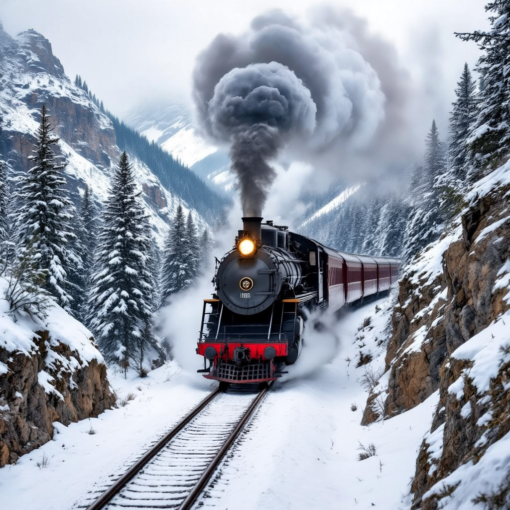 A vintage steam train traveling through a mountain pass in winter, plumes of smoke from the engine,