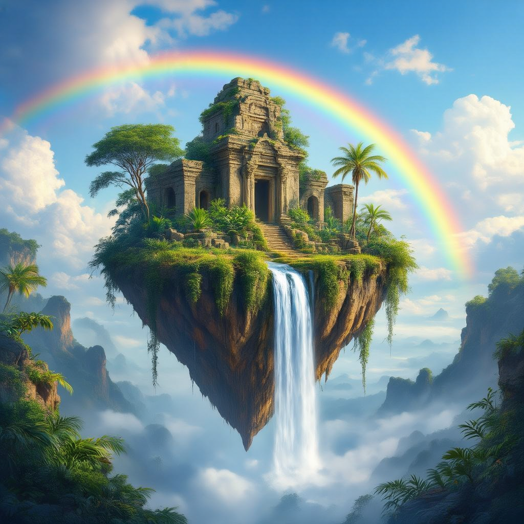 A surreal floating island with a waterfall cascading into the void, lush tropical vegetation, ancien