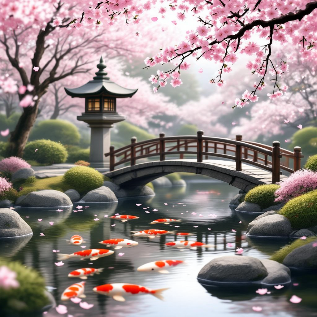 A serene Japanese garden at cherry blossom time, with a koi pond, stone lantern, and traditional woo