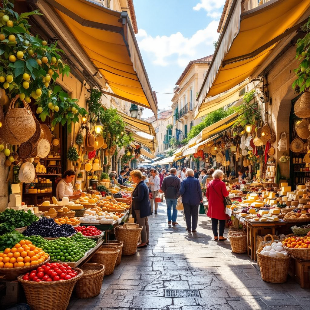 A bustling Mediterranean market square in the morning, with stalls selling fresh produce, olives, ch