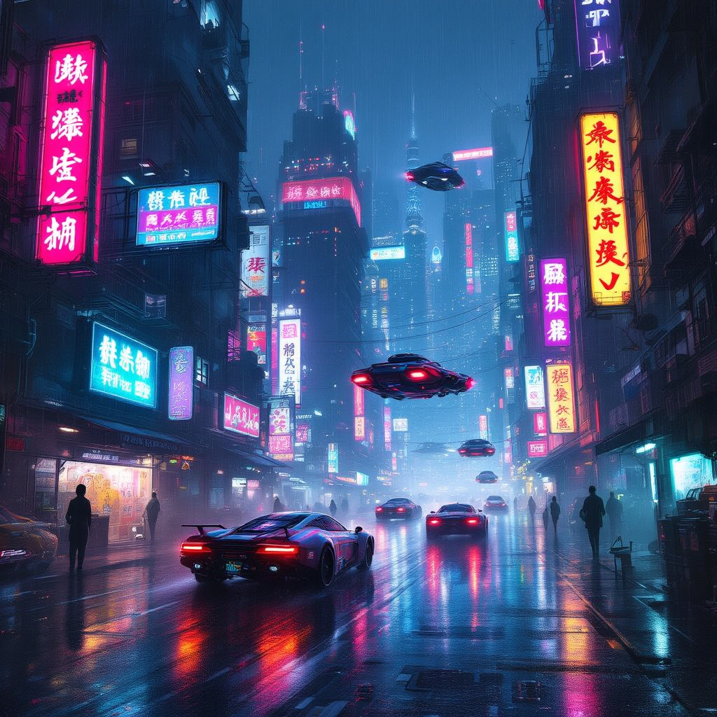 A futuristic cyberpunk cityscape at night, neon signs in Japanese and Chinese characters, flying car