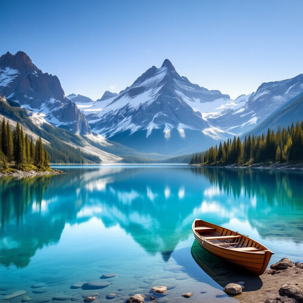 A majestic snow-capped mountain range reflected in a crystal-clear alpine lake, with pine trees a...