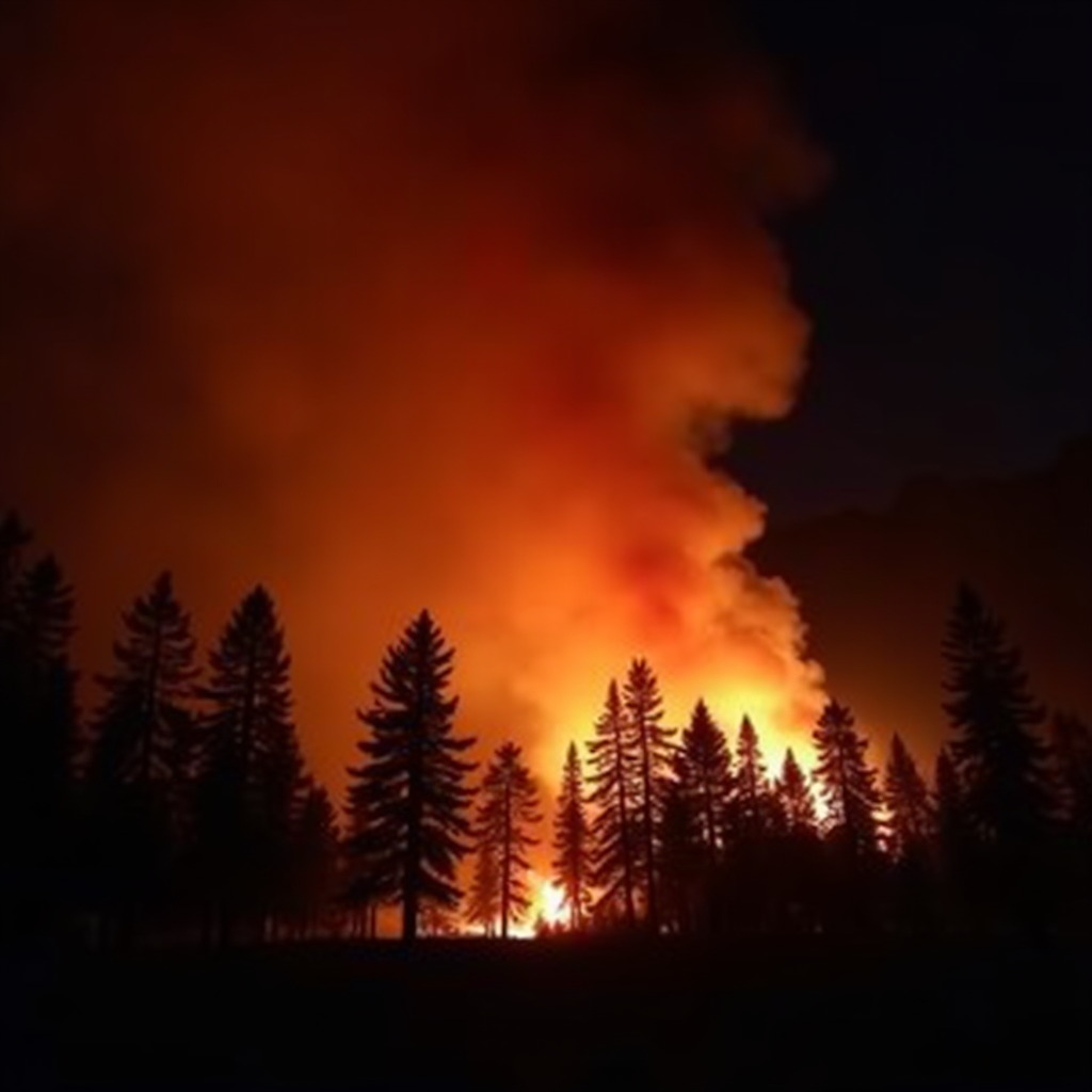 Wildfire at Night in Pine Forest