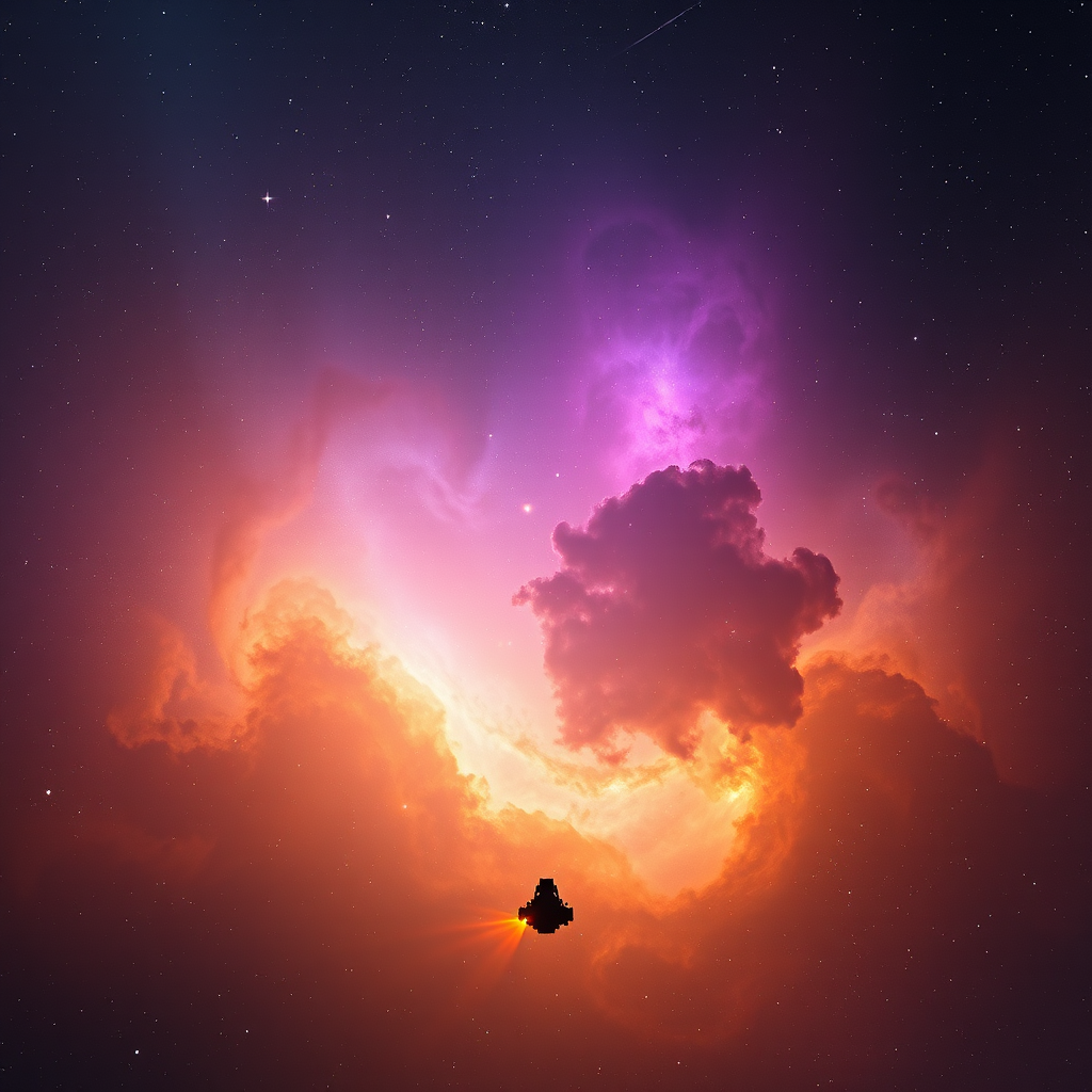 Deep Space Nebula with Lone Spacecraft