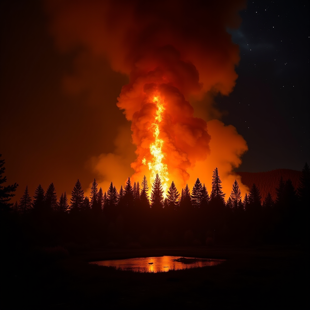 Wildfire at Night in Pine Forest