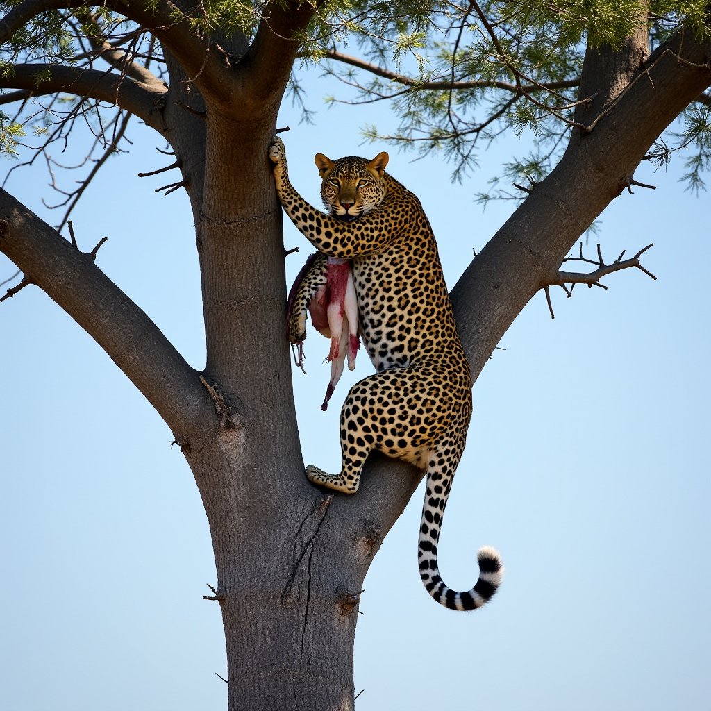 Leopard Carrying Kill Up Tree